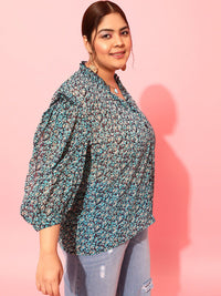 CURVY STREET Plus Size Floral Printed Puff Sleeves Satin Top