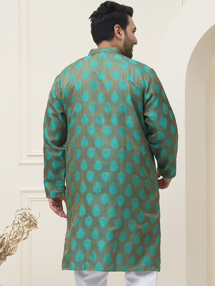 SOJANYA PLUS Size Men Green & Copper Woven Design Indie Prints Jacquard Kurta