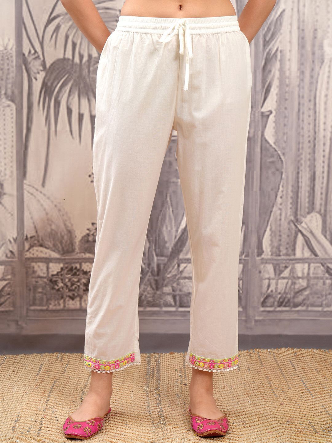 Vishudh Floral Printed Thread Work Pure Cotton Straight Kurta & Trousers With Dupatta