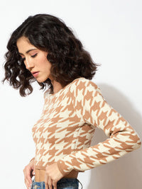 SASSAFRAS Women Brown & White Houndstooth Design Pullover