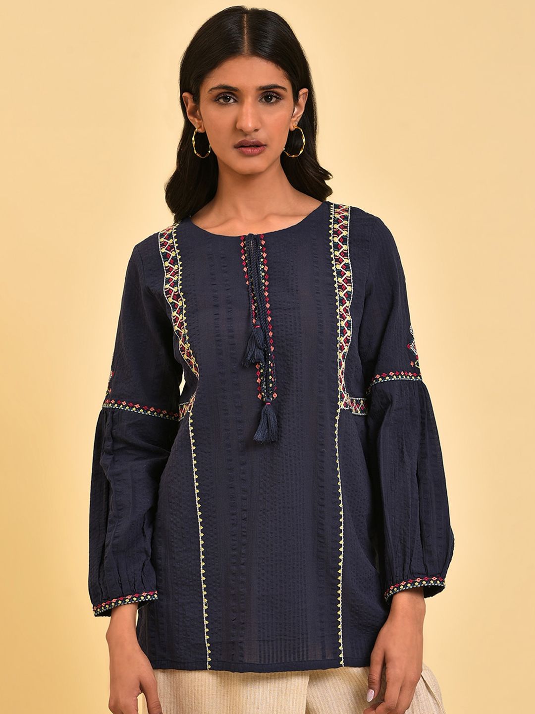 W Ethnic Motifs Embroidered Tie-Up Neck Cuffed Sleeve Cotton Regular Top