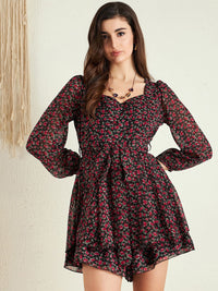 Berrylush Black Floral Printed Sweetheart Neck Layered Detailed Playsuit With Belt