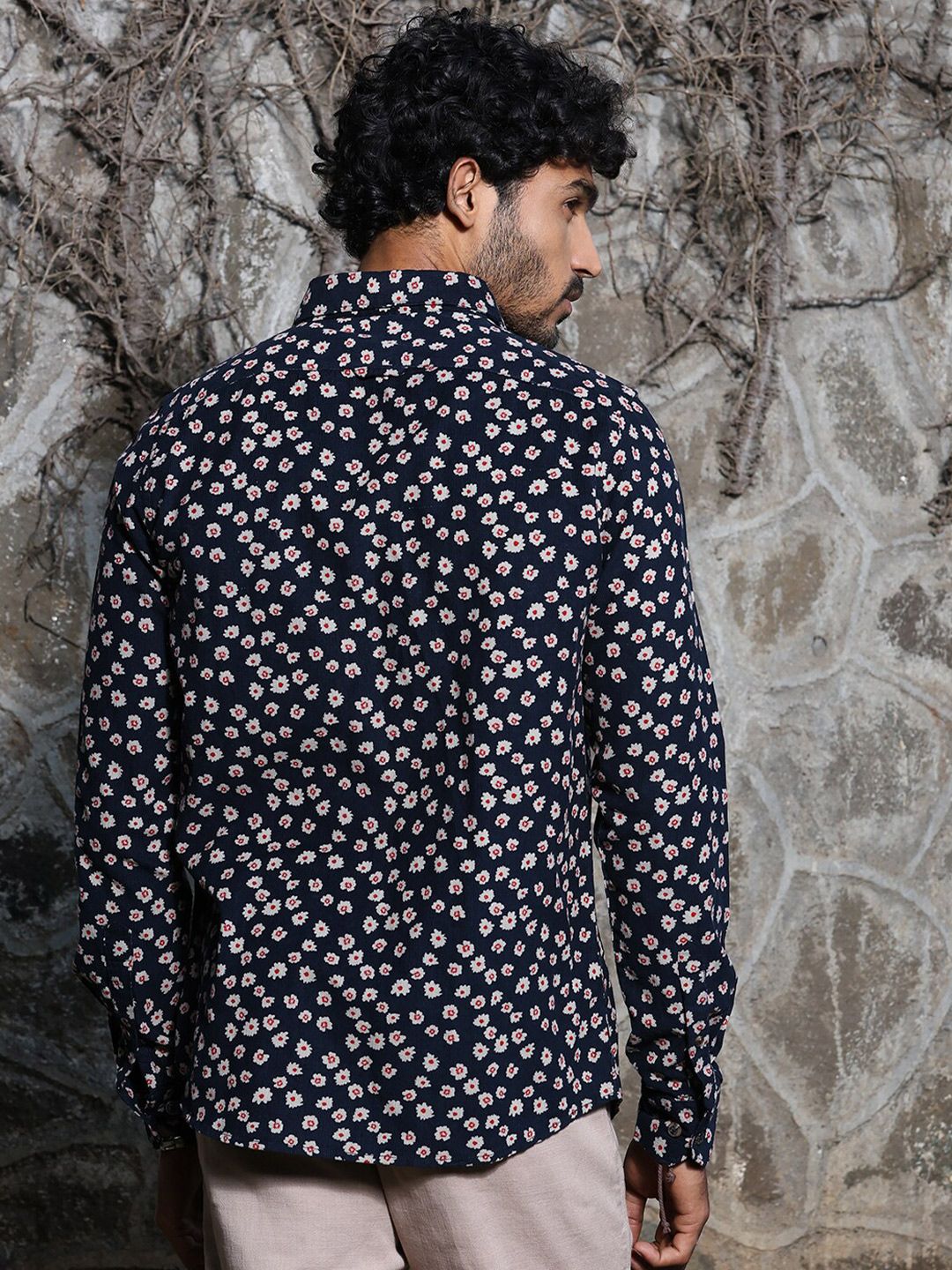 Thomas Scott Premium Slim Fit Floral Printed Spread Collar Cotton Corduroy Casual Shirt