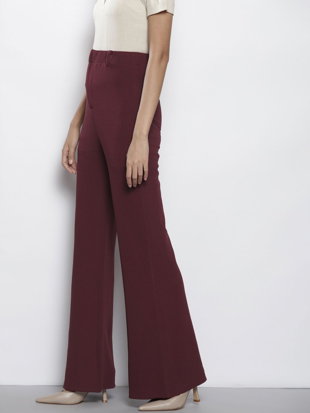 SASSAFRAS Women Burgundy Comfort Flared Easy Wash Bootcut Trousers