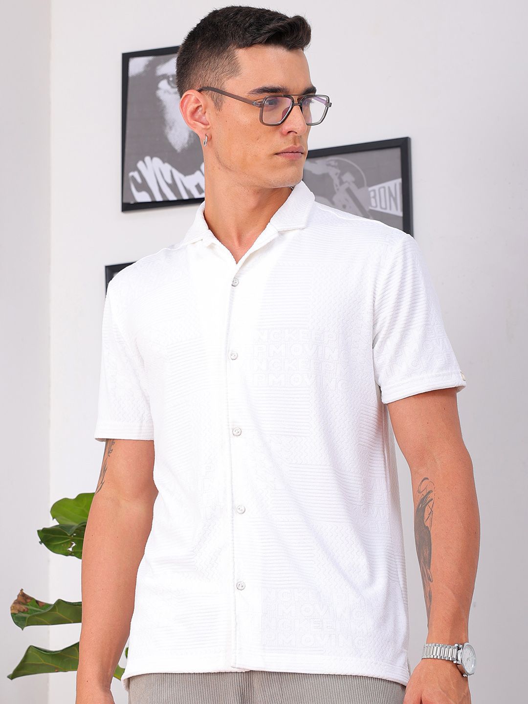 The Indian Garage Co Men Slim Fit Textured Terry Knit Resortwear Shirt