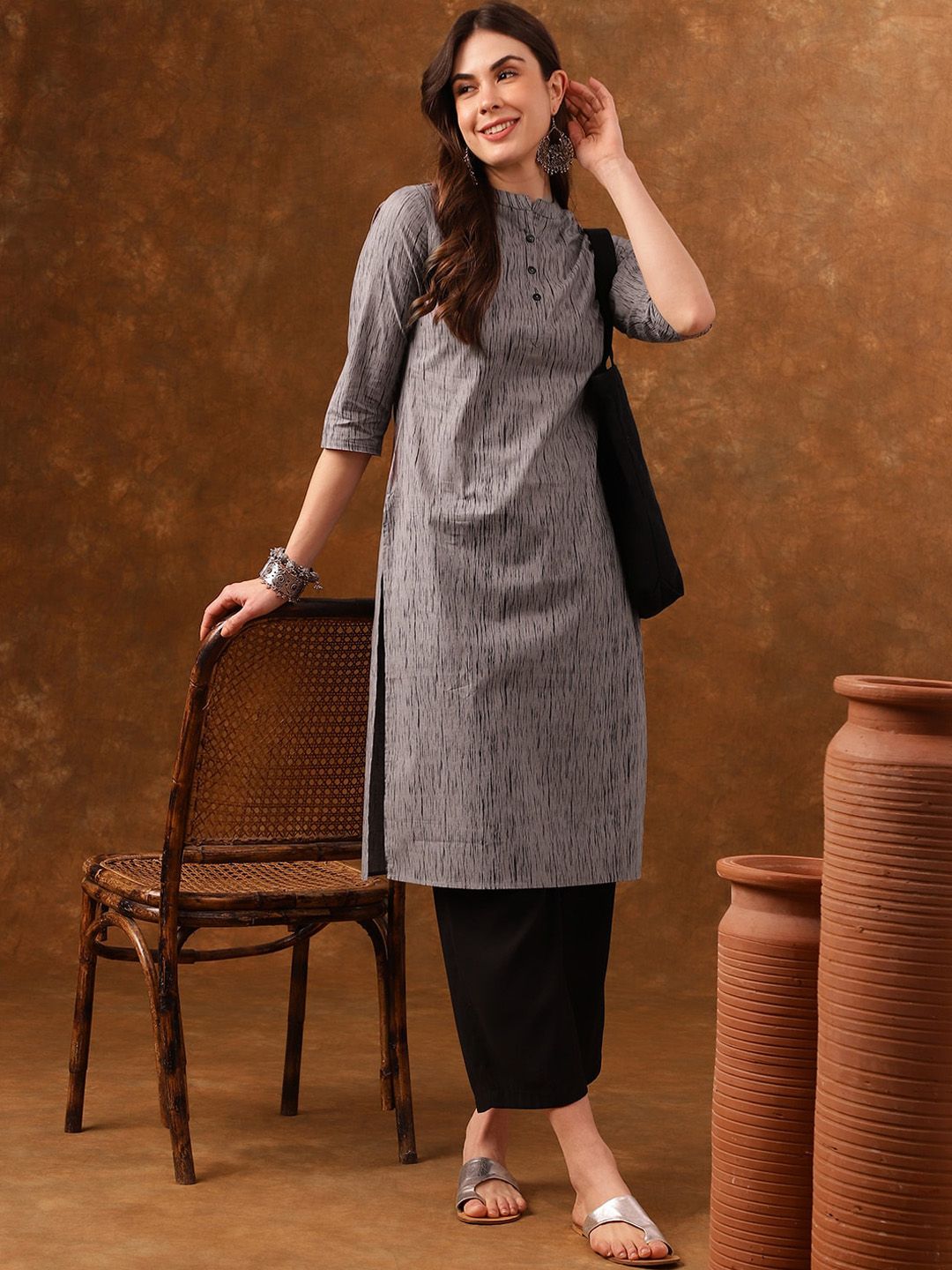 Anouk Grey Abstract Printed Mandarin Collar Cotton Kurta