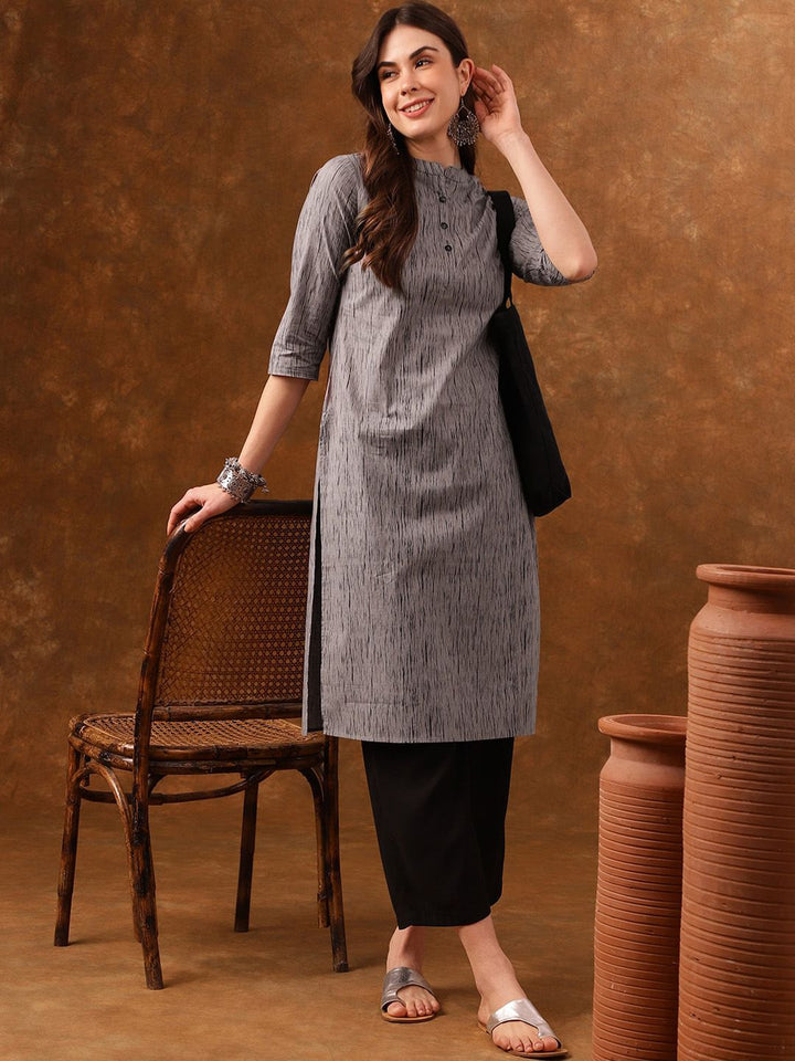 Anouk Grey Abstract Printed Mandarin Collar Cotton Kurta