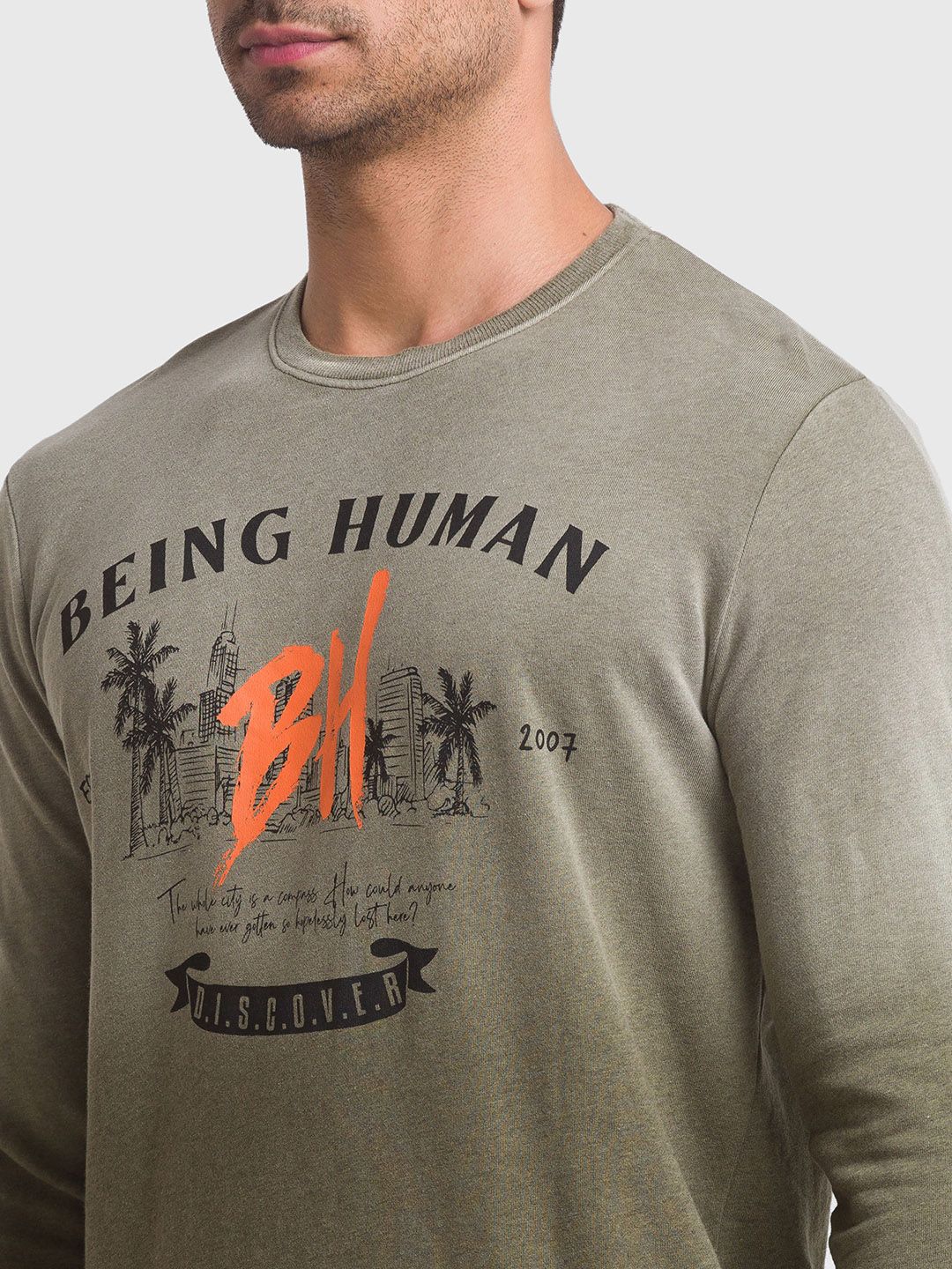 Being Human Men Olive Green Printed Pure Cotton Sweatshirt