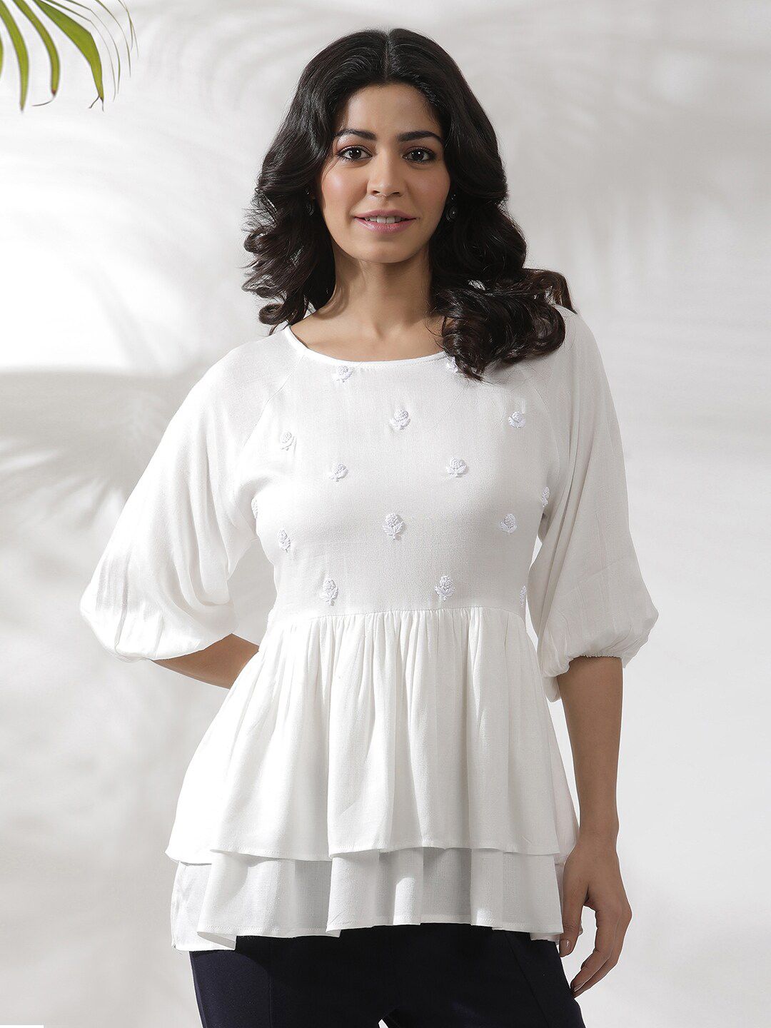 W Embroidered Puff Sleeves Gathered Layered A-Line Top