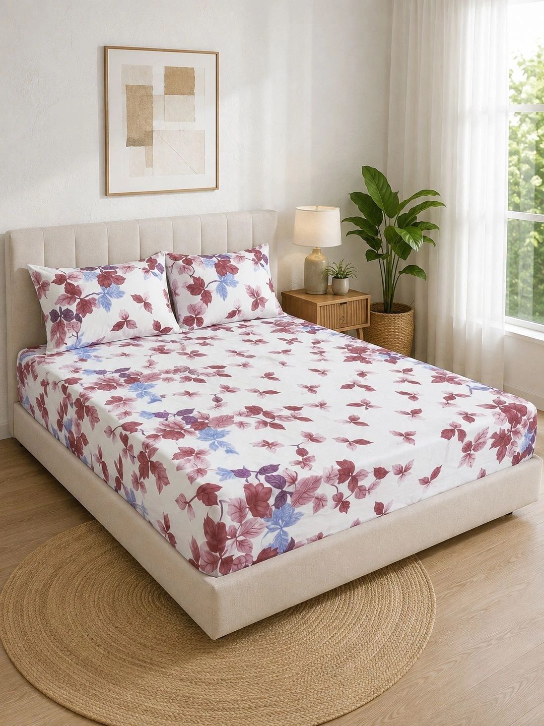 KLOTTHE Cream-Coloured Floral 300 TC King Bedsheet with 2 Pillow Covers