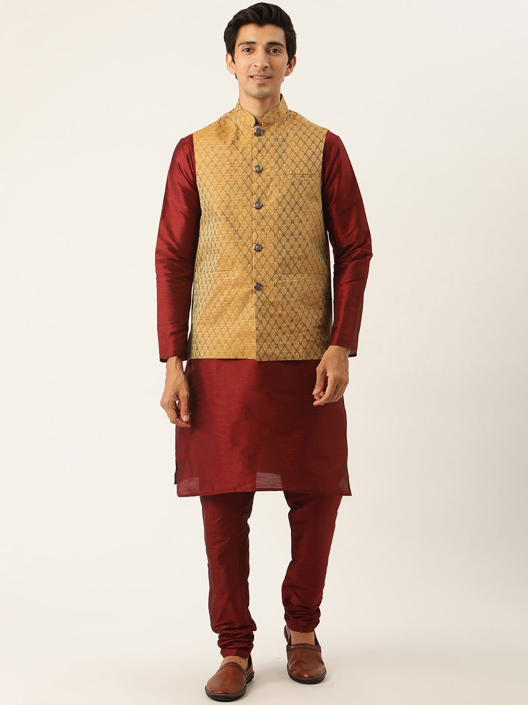 SOJANYA Men Maroon & Mustard Yellow Solid Kurta with Churidar & Nehru Jacket