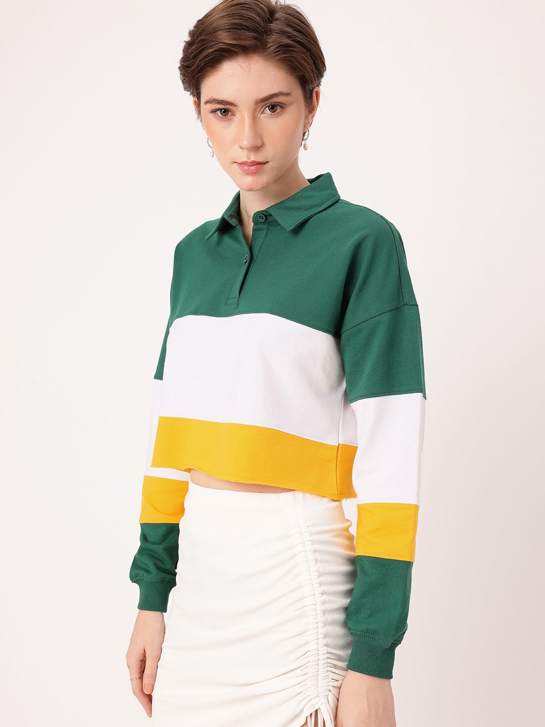 DressBerry Urban Cool Colourblocked Polo Boxy Crop Sweatshirts
