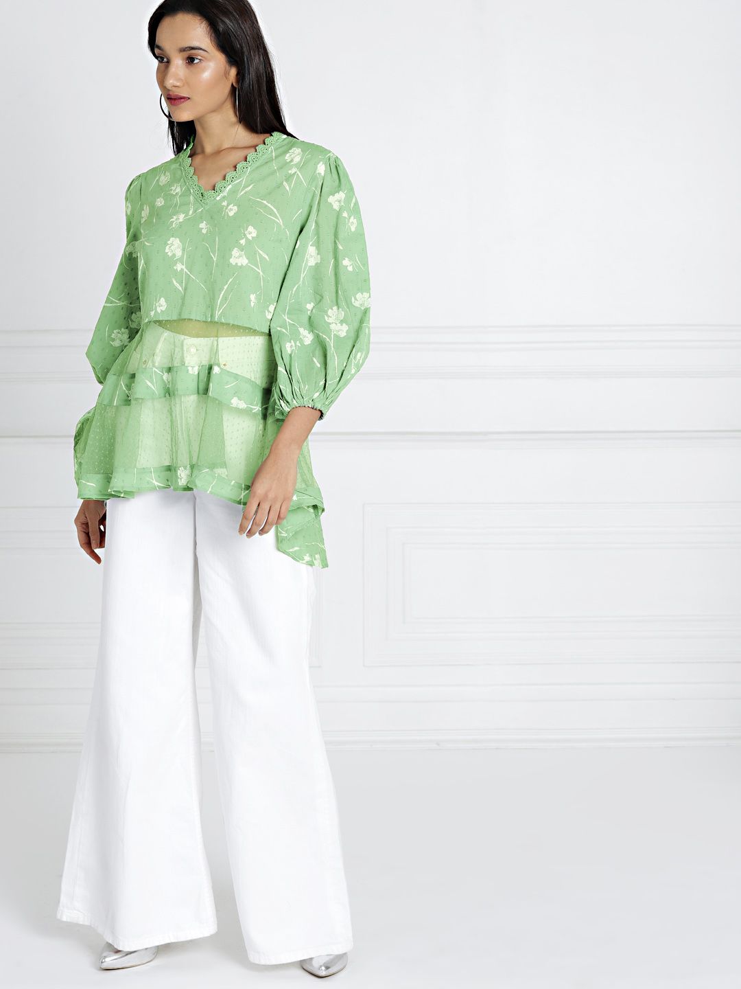 all about you Women Green & White Printed Semi Sheer High-Low Top