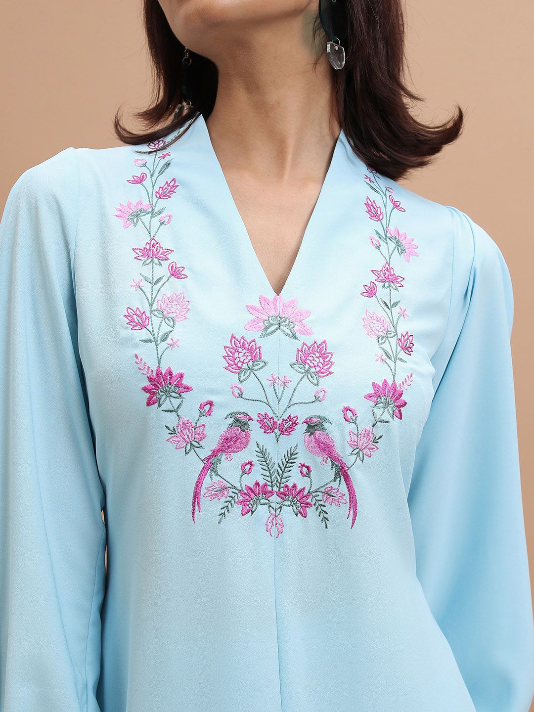 Vishudh Blue Floral Yoke Design Thread Work Straight Kurta