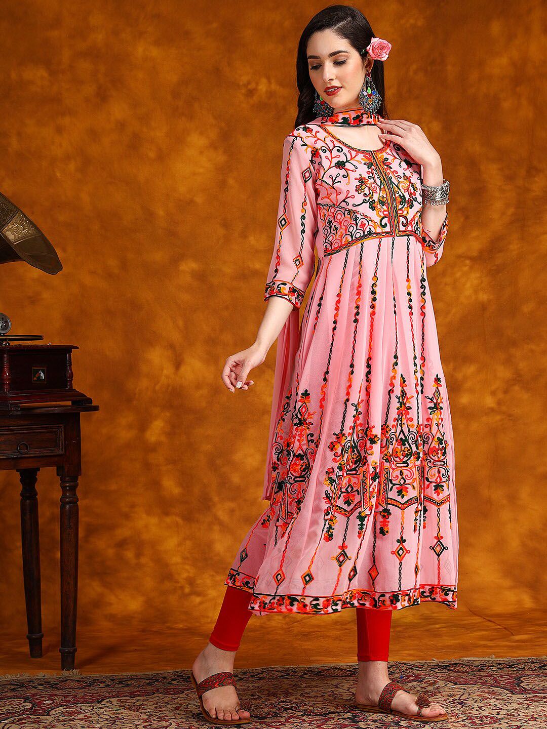 KALINI Ethnic Motifs Embroidered Anarkali Kurta With Dupatta Set