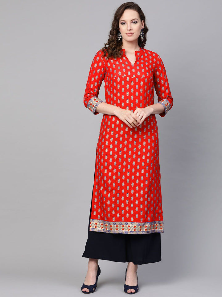 SOJANYA Wanita Merah & Biru Cetakan Kerajang Kurta Lurus