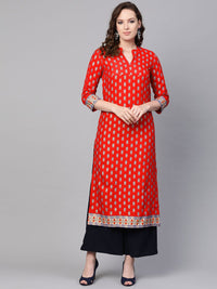 SOJANYA Wanita Merah & Biru Cetakan Kerajang Kurta Lurus