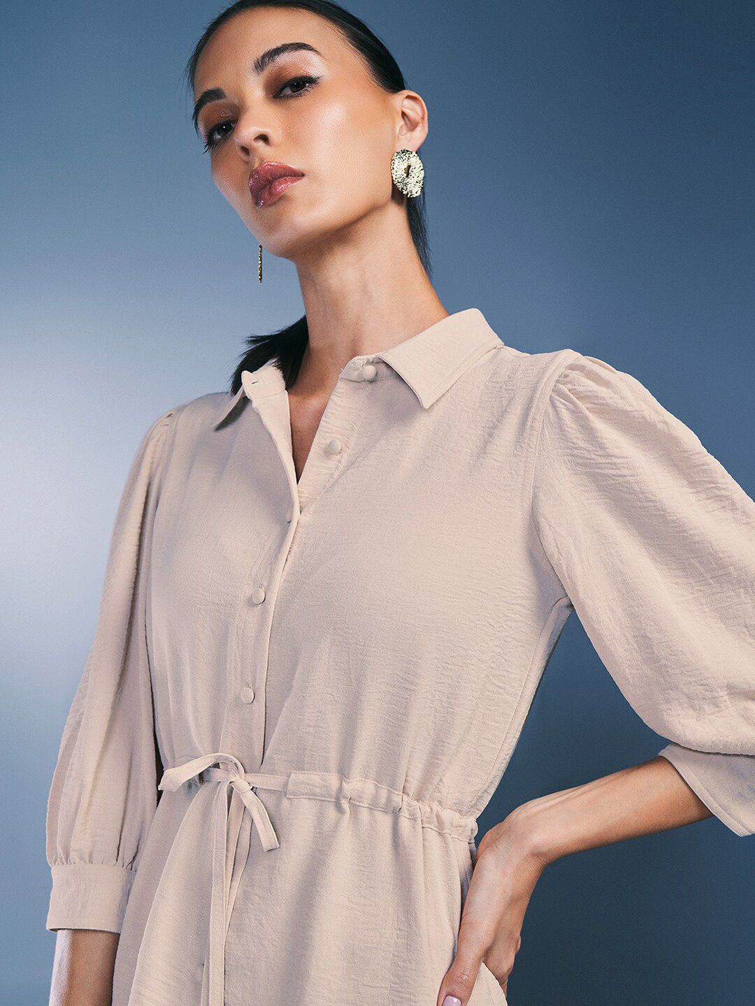 AND Shirt Collar Three-Quarter Sleeves Top & Trousers