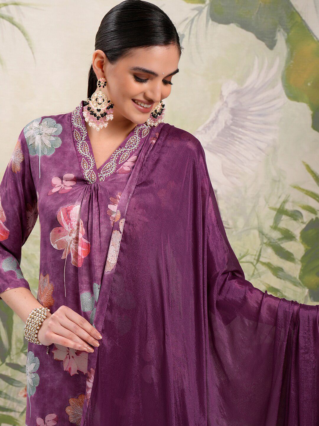 Vishudh Burgundy Floral Printed Beads & Stones Straight Kurta With Trousers & Dupatta