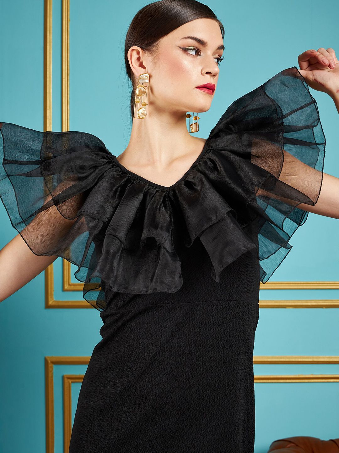 SASSAFRAS Black V-Neck Flutter Sleeve Ruffles Detail Sheath Dress
