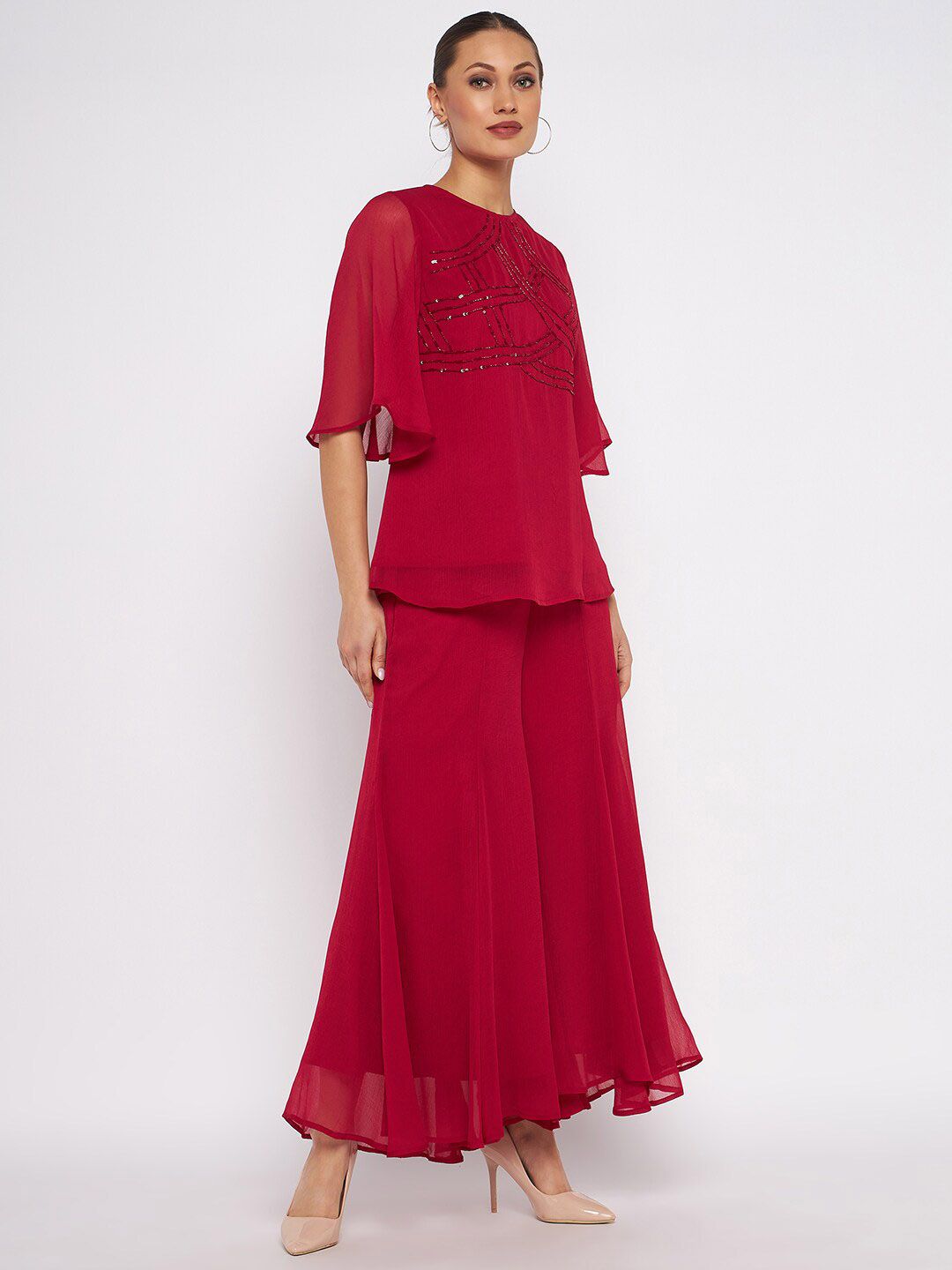 Antheaa Embellished Top & Palazzos Co-Ords Set