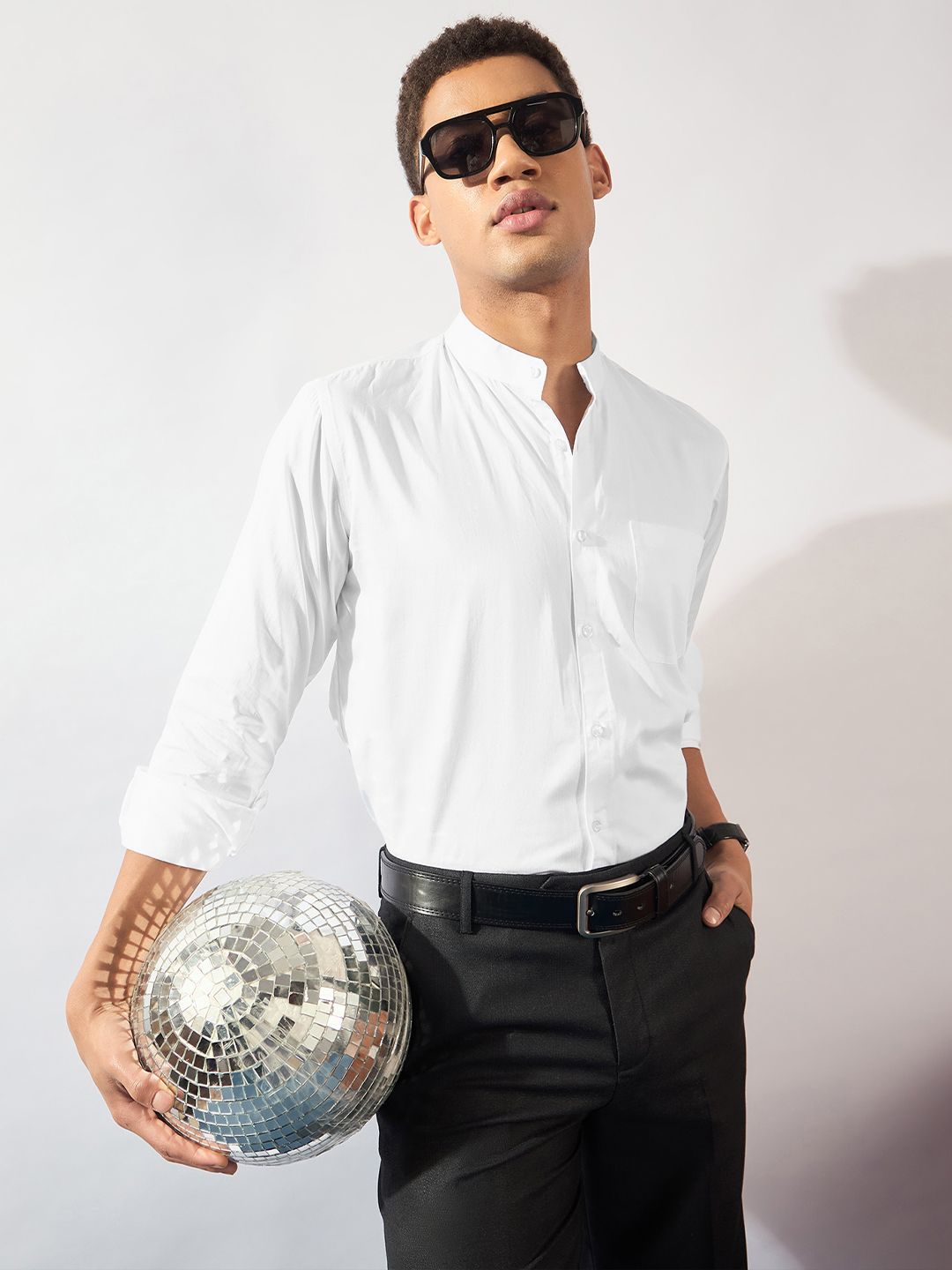 DENNISON Men Mandarin Collar Long Slevees Cotton Smart Casual Shirt