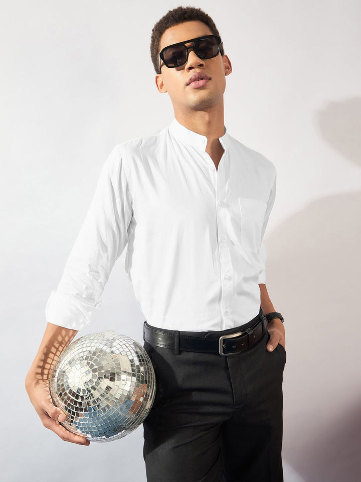 DENNISON Men Mandarin Collar Long Slevees Cotton Smart Casual Shirt