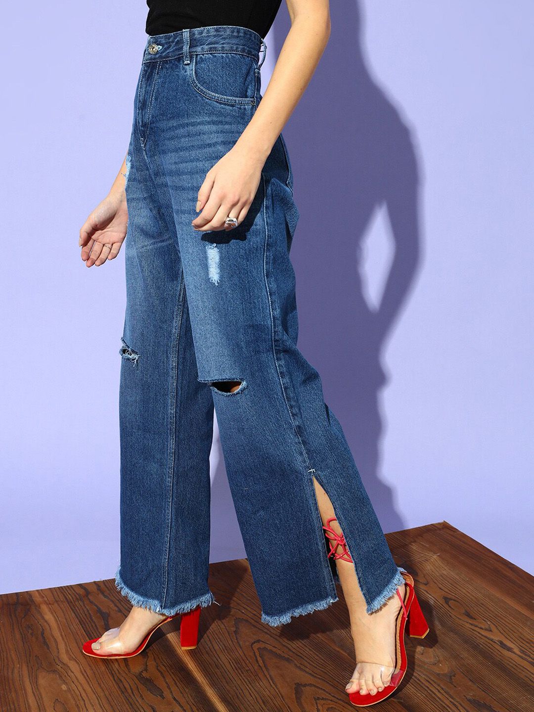 STREET 9 Women Blue Flared High-Rise Low Distress Light Fade Jeans