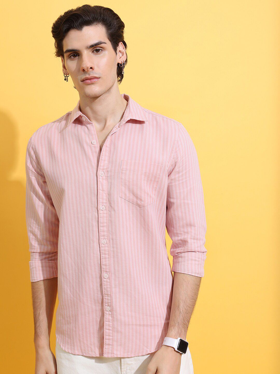 HIGHLANDER Pink Slim Fit Striped Casual Shirt