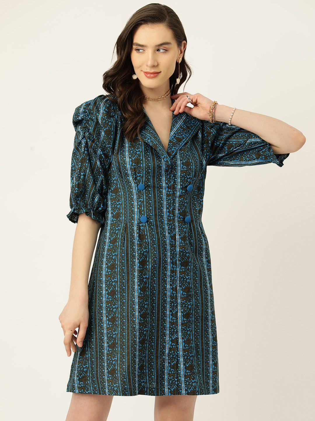 Antheaa Floral Print Puff Sleeve A-Line Dress