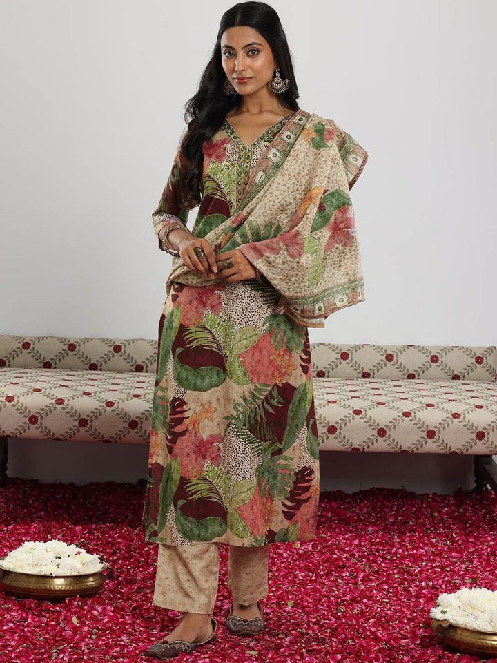 Libas Grren and Pink Floral Printed Beads and Stones Linen Kurta with Trouser & Dupatta