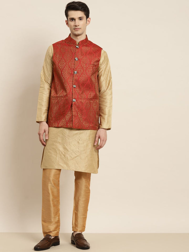 SOJANYA Men Golden & Red Kurta with Churidar & Nehru Jacket