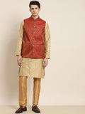 SOJANYA Men Golden & Red Kurta with Churidar & Nehru Jacket