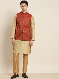 SOJANYA Men Golden & Red Kurta with Churidar & Nehru Jacket