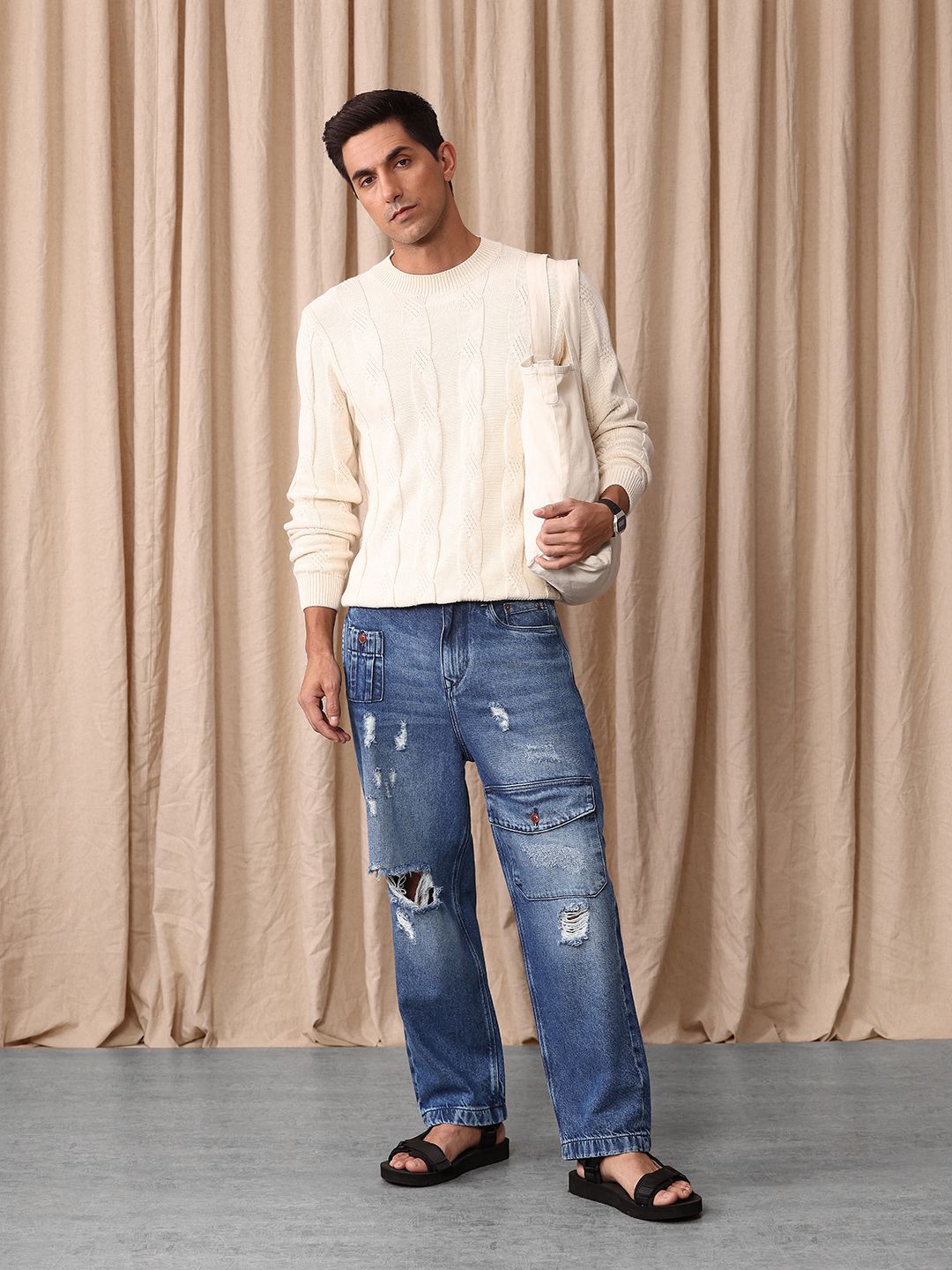 Mr Bowerbird Men Pure Cotton Oversized Fit Mildly Distressed Heavy Fade Cargo Style Jeans