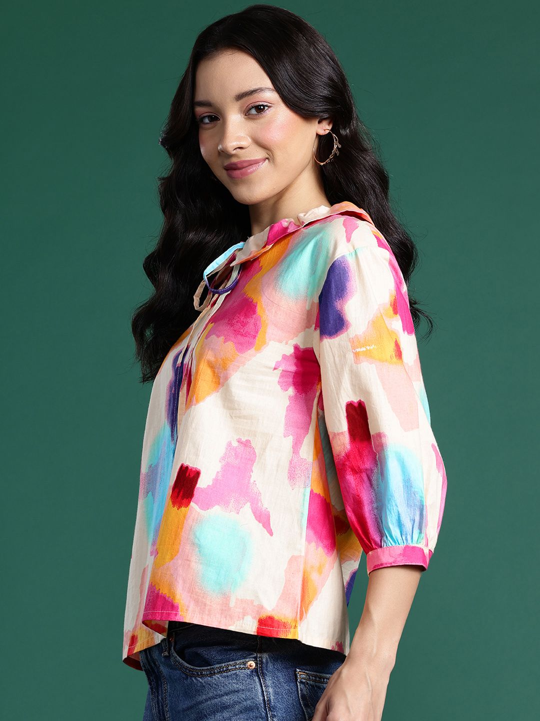 DressBerry Dyed Tie-Up Neck Puff Sleeves Cotton Top