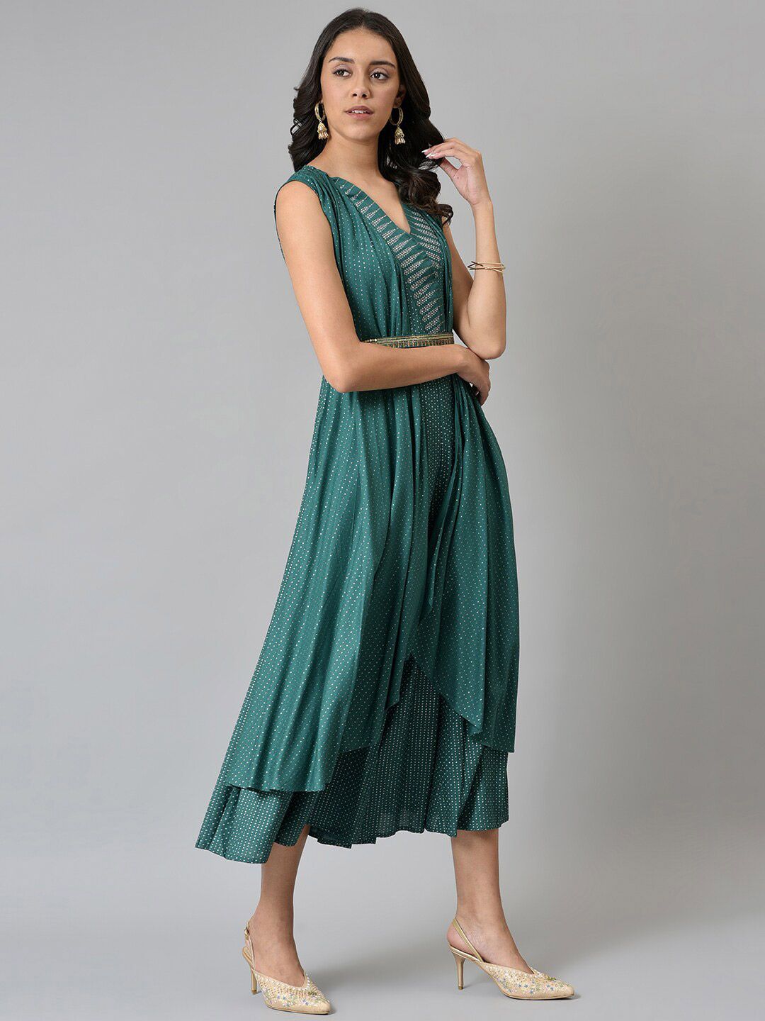W Women Green Gilet Kimono Jumpsuit With Embellished Belt
