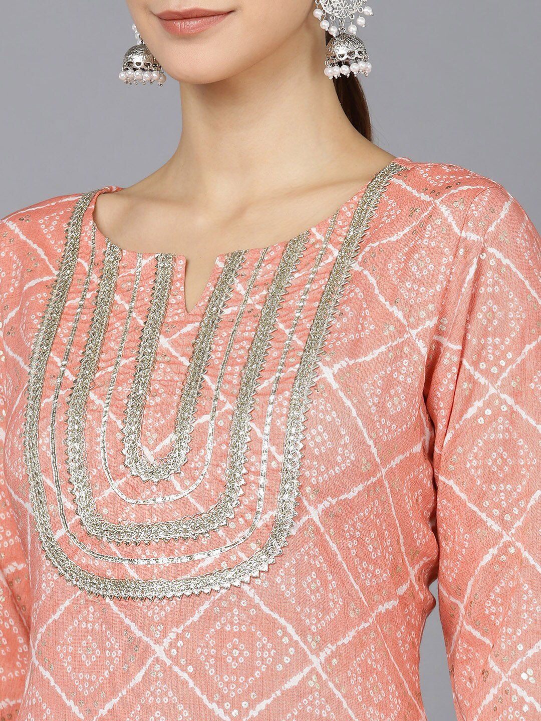 KALINI Bandhani Printed Notched Neck Gotta Patti Straight Kurta