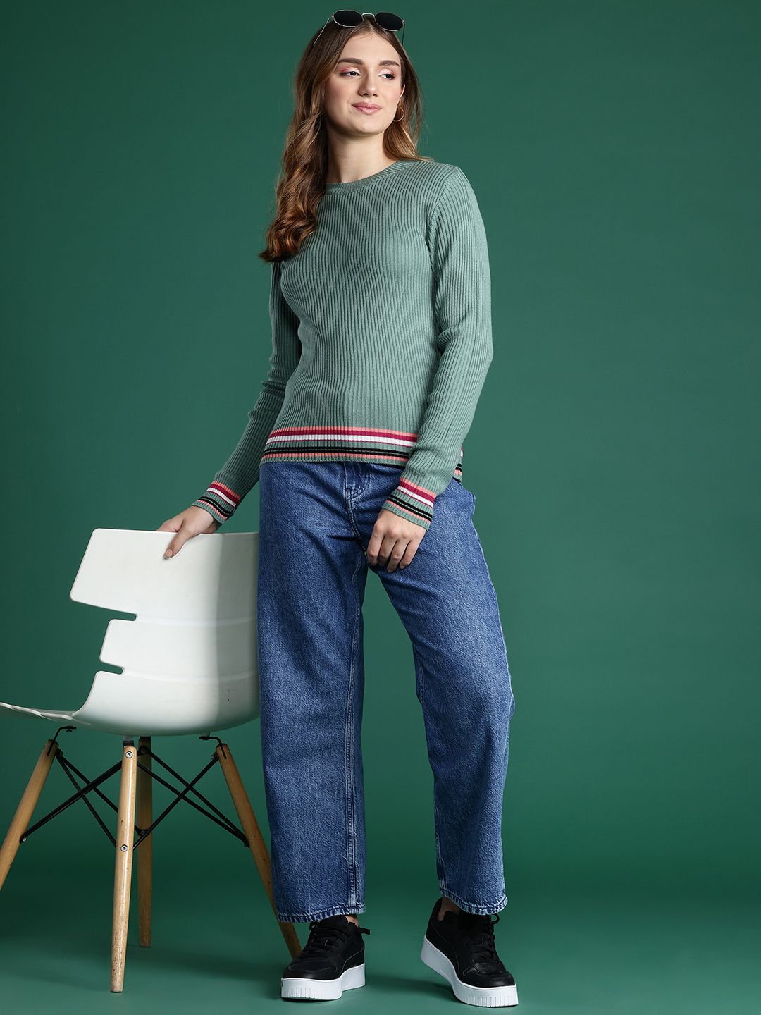 DressBerry Striped Hem Ribbed Pullover