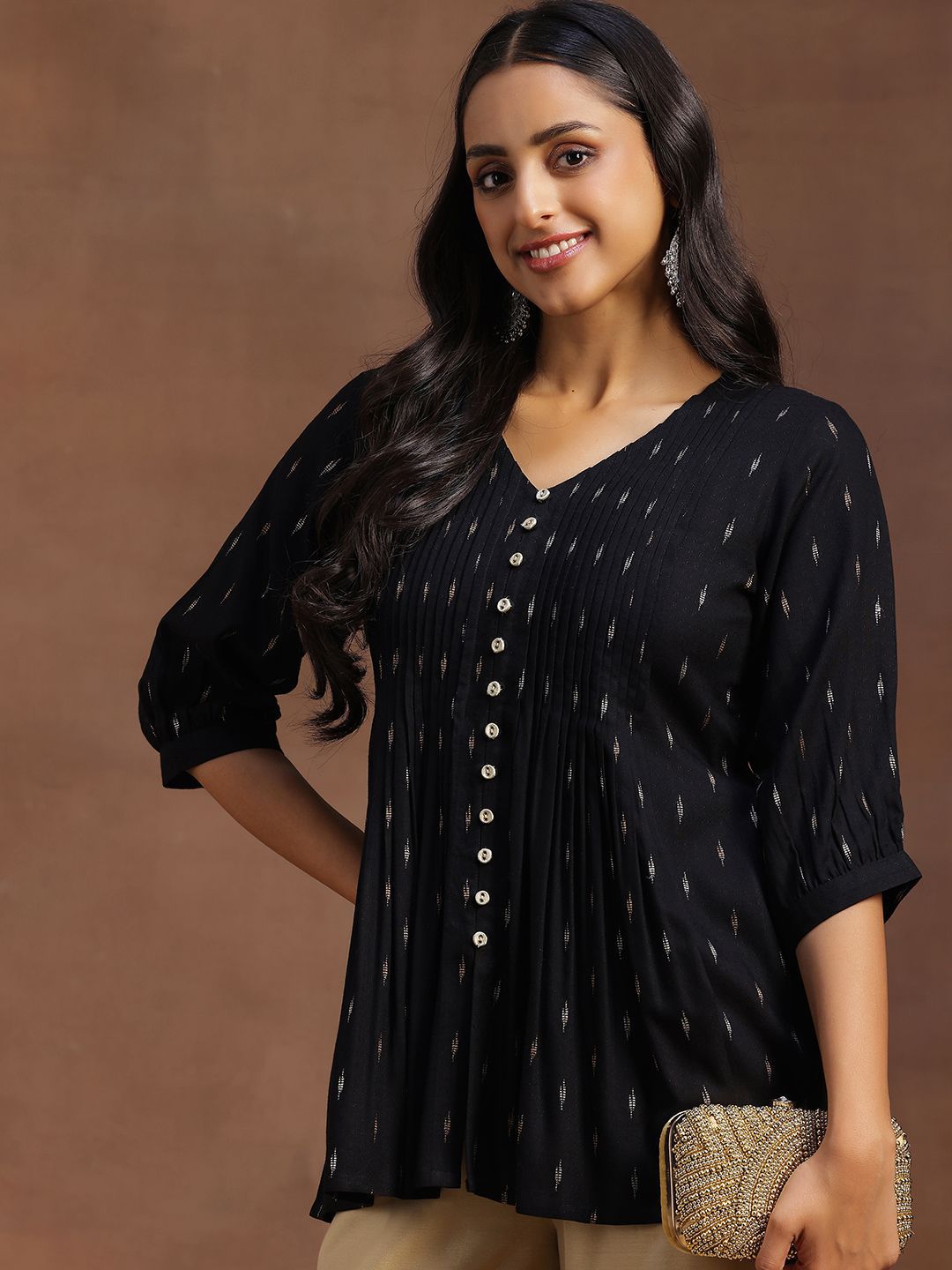 Libas Woven Design V-Neck Panelled Kurti