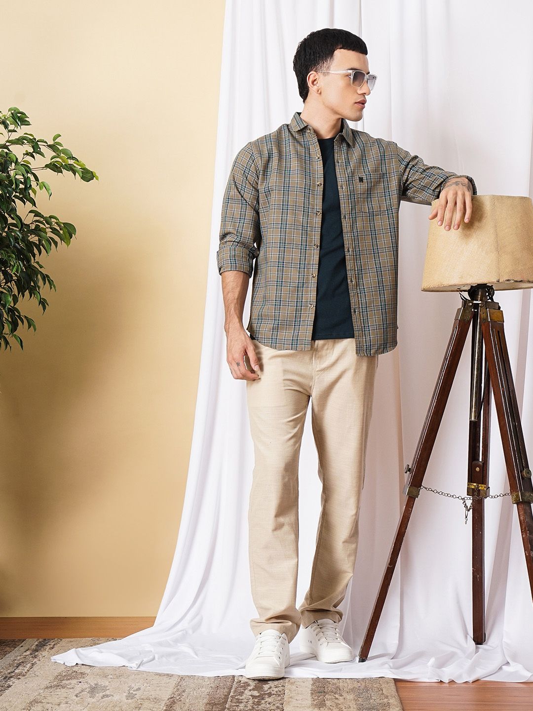 The Indian Garage Co Men Brown & Green Checked Pure Cotton Casual Shirt