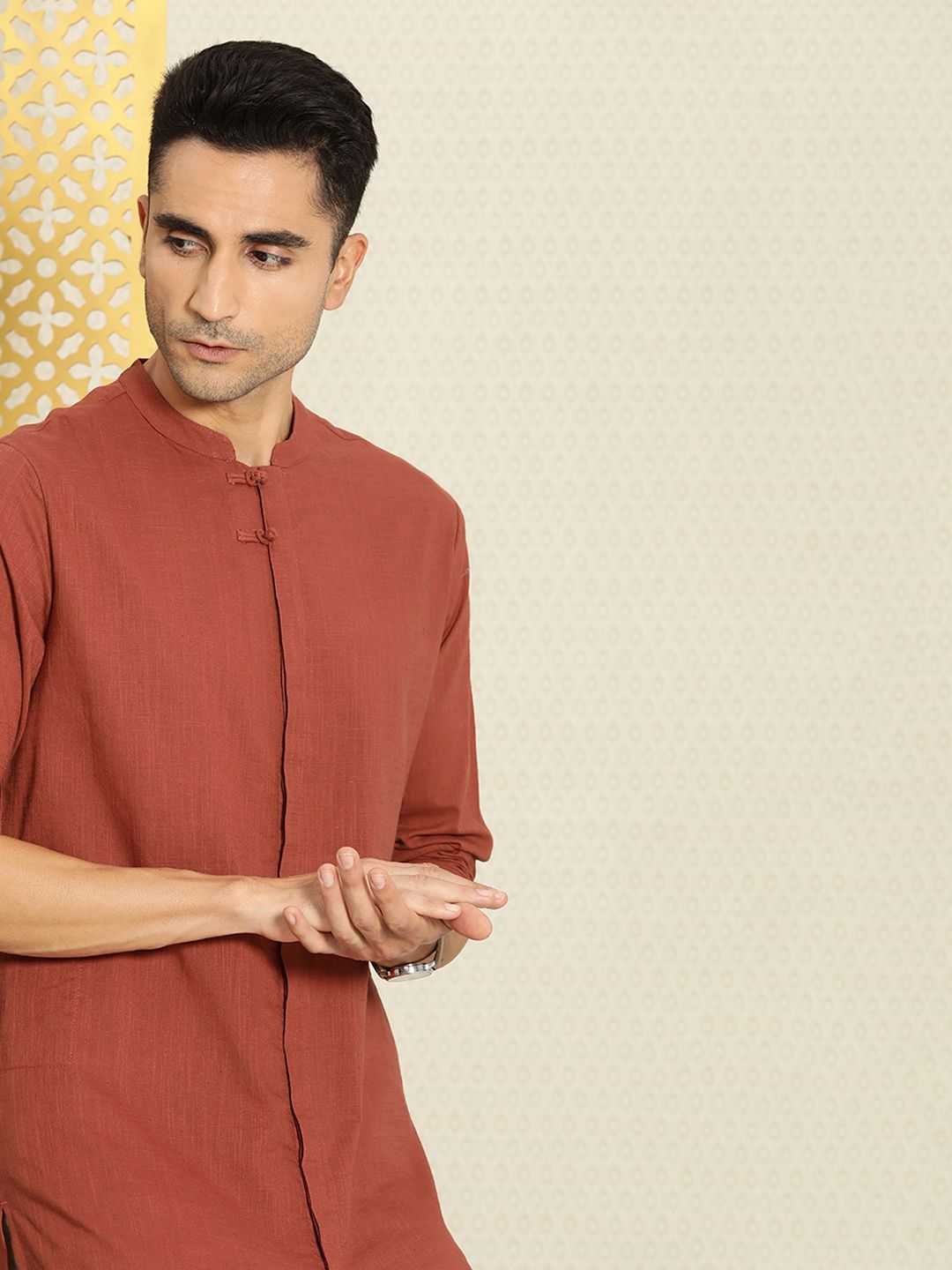 House of Pataudi Men Pure Cotton Solid Straight Mandarin Collar Rozana Kurta