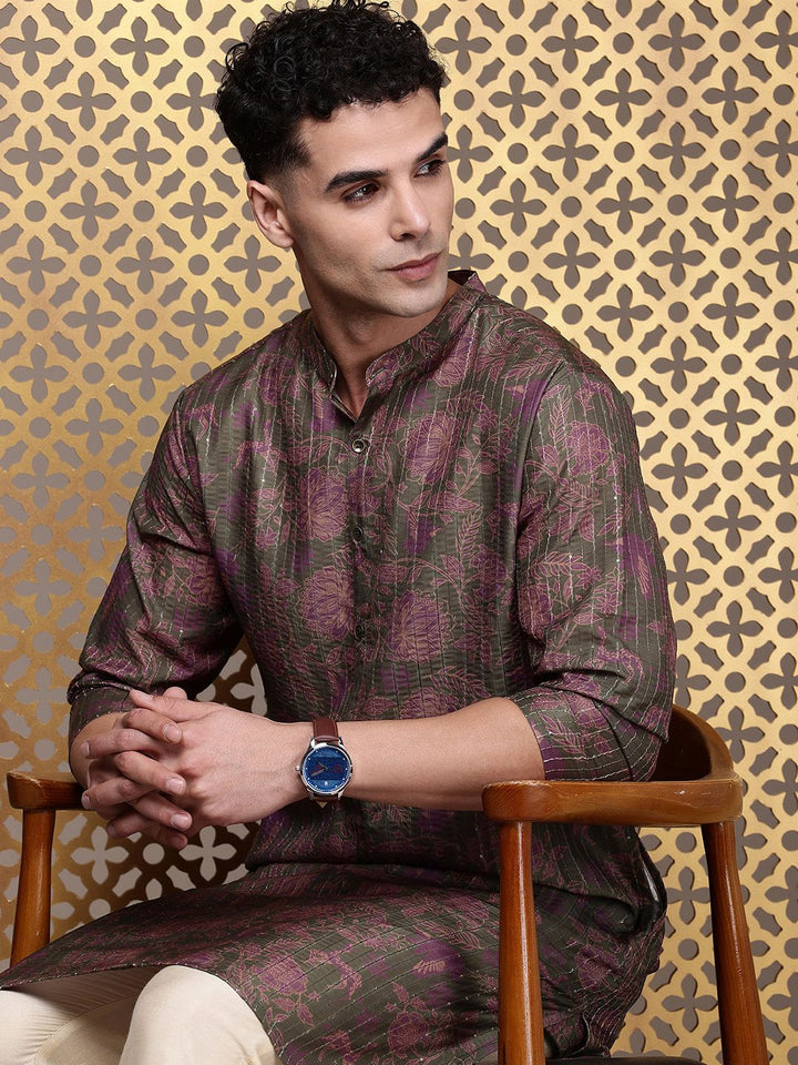 House of Pataudi Jashn Floral Printed Sequinned Indie Florals Kurta