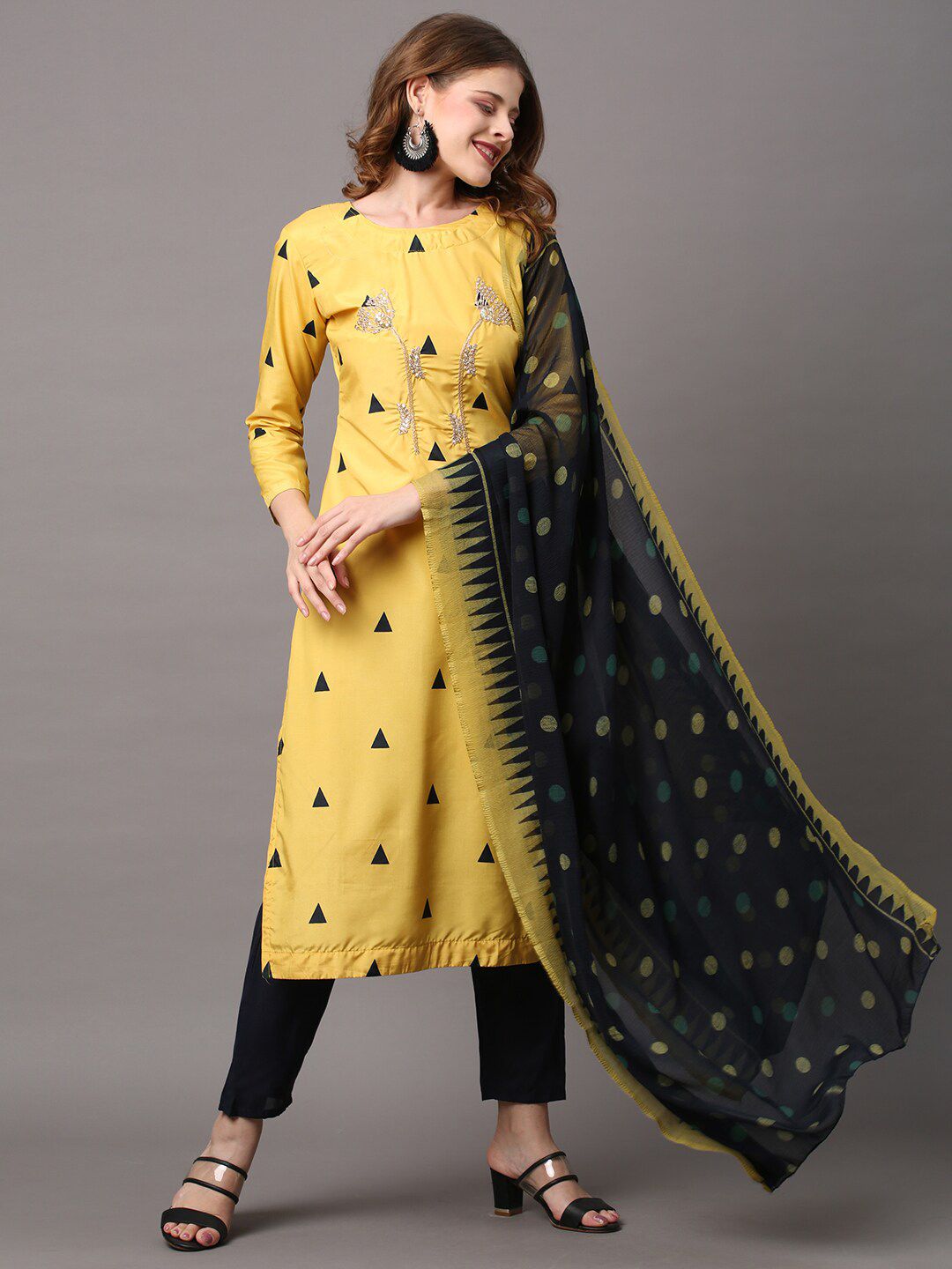 Saree mall Yellow & Black Embroidered Unstitched Dress Material