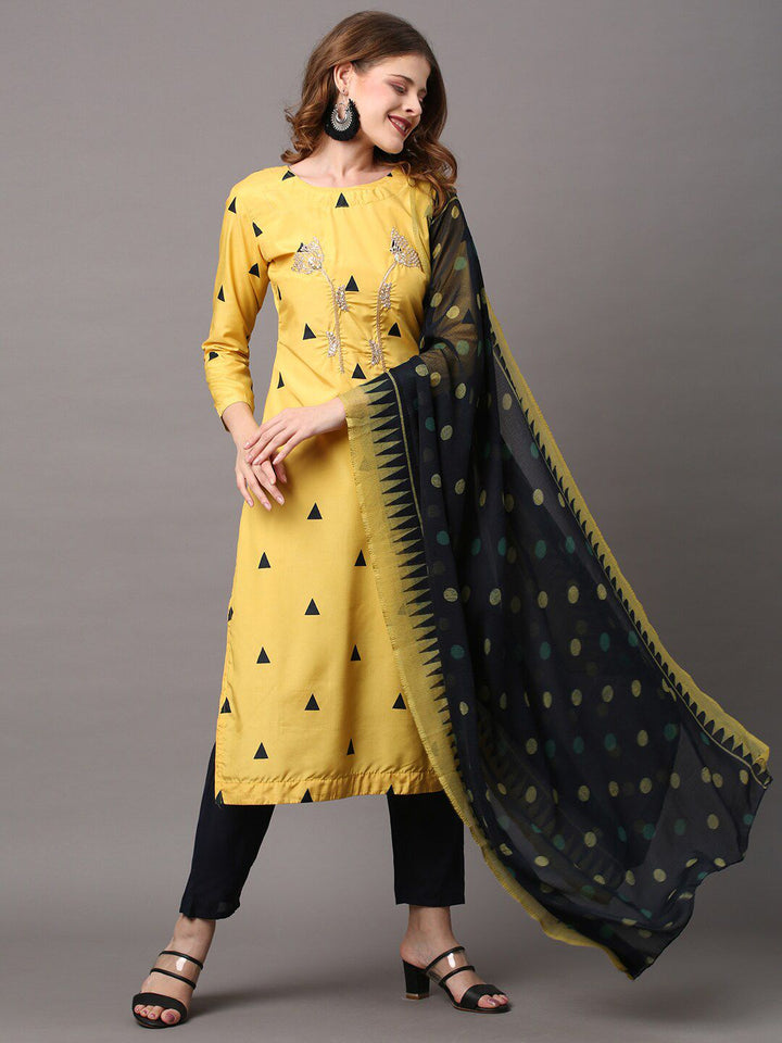 Saree mall Yellow & Black Embroidered Unstitched Dress Material