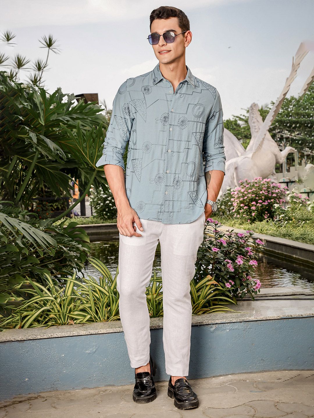 Thomas Scott Men Regular Fit Long Sleeves Embroidered Shirt