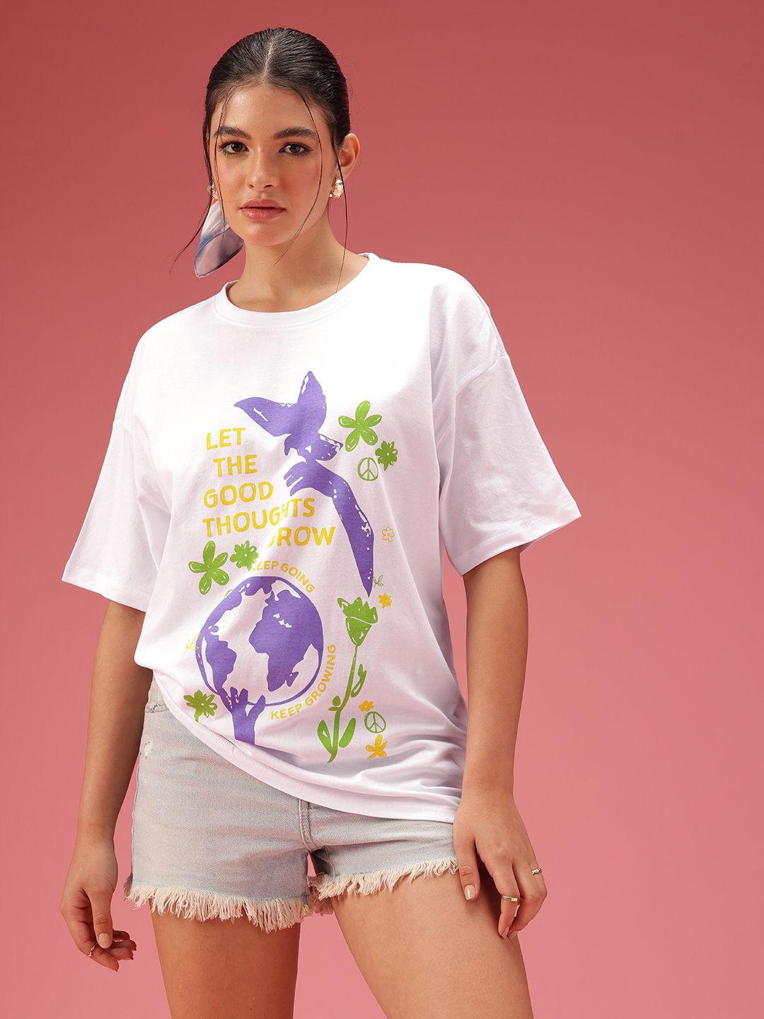 DressBerry Printed Drop-Shoulder Sleeves Oversized Pure Cotton T-shirt