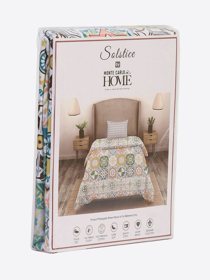 Monte Carlo White & Blue Ethnic Motifs Printed 144 TC Single Bedsheet Set 2.29 m x 1.52 m