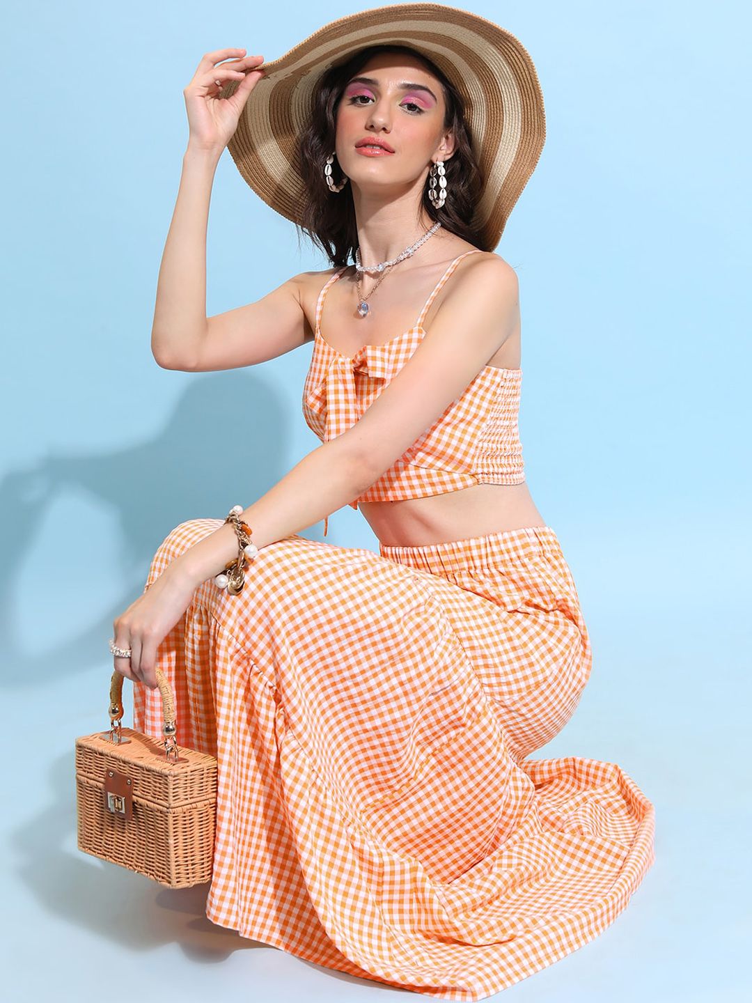 Tokyo Talkies Checked Cut Out Crop Fitted Top With Maxi Skirt