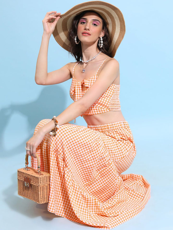 Tokyo Talkies Checked Cut Out Crop Fitted Top With Maxi Skirt